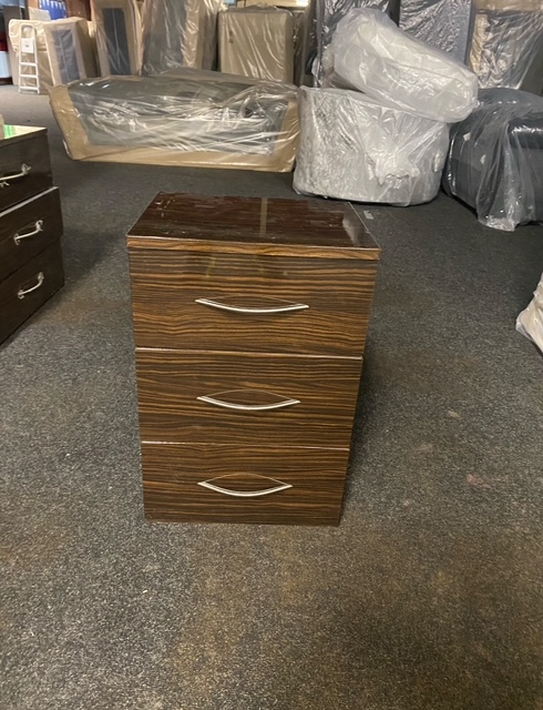 3 Drawers/Bedside Cabinet -   Mahogany Gloss Bow Handle Rigid (Clearance)